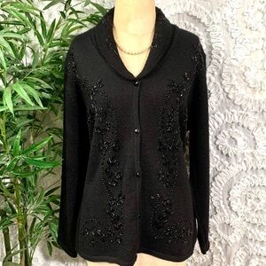 Nell Flowers Vintage Black Beaded Button Front Cardigan Sweater- L